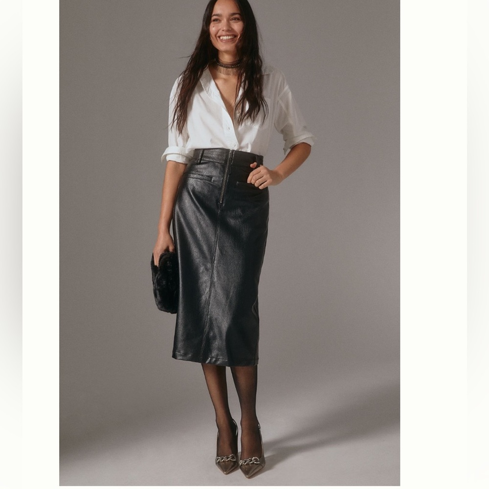 Anthropologie Black Leather Pencil Skirt